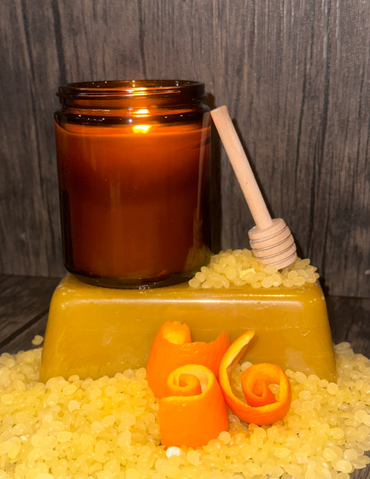 100% Bee's Wax Candle - Amber Glass Jar - Orange